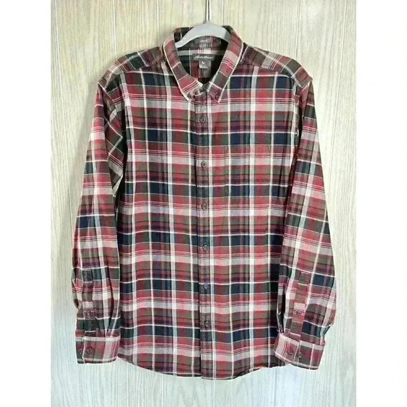 Eddie Bauer Mens Large Classic Fit Shirt Button Front Pocket Flannel Plaid Red - Picture 2 of 8